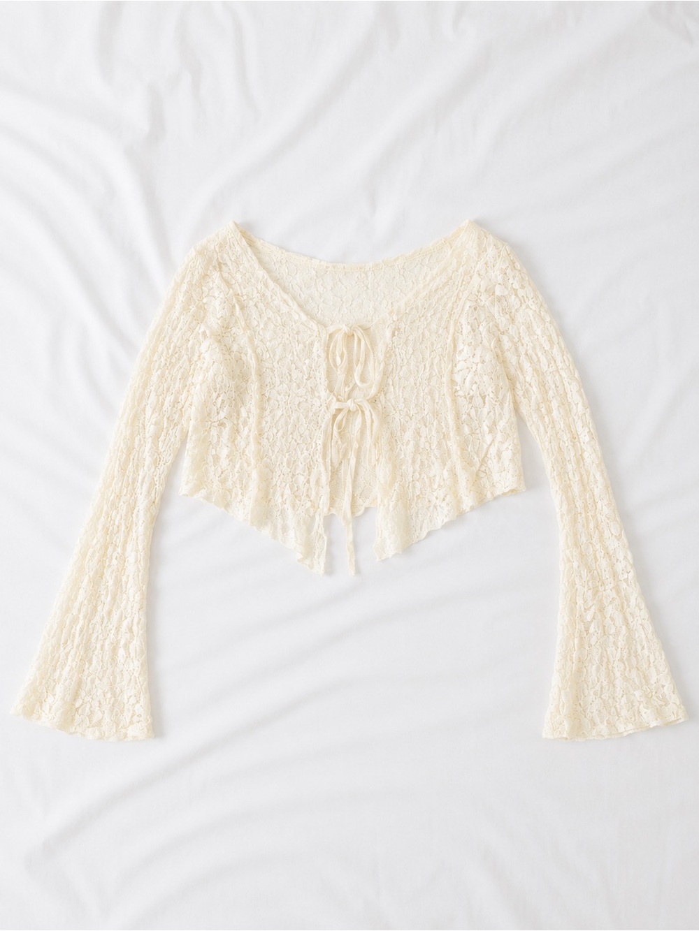 Cream Floral Lace Tie Front Bell Sleeve Crop Top Boho Festival Cottagecore S